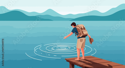 A traveler throwing a stone into the lake creates ripples to enjoy the landscape