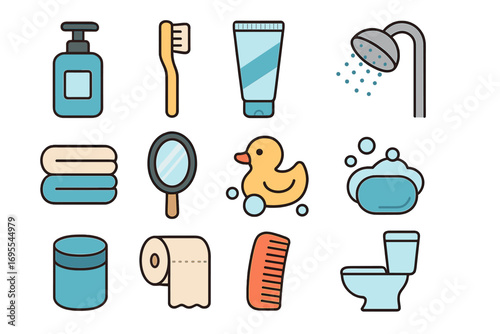 Bathroom essentials and hygiene icons set, flat design vector illustration of soap dispenser, toothbrush, toothpaste, shower, towels, mirror, rubber duck, soap, cream jar, toilet paper, comb, toilet