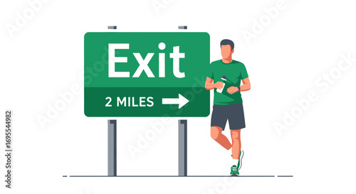 Runner Pauses Near Exit Sign Preparing For A Break After Exerting Effort On The Road