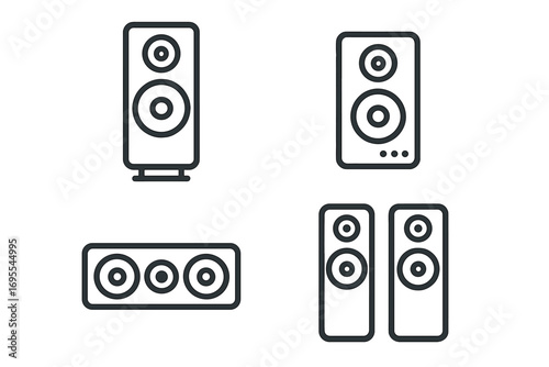 Minimalist speaker icon set for audio systems. Line art sound equipment symbols for web and app design. Vector illustration of stereo, home theater, woofer speakers.