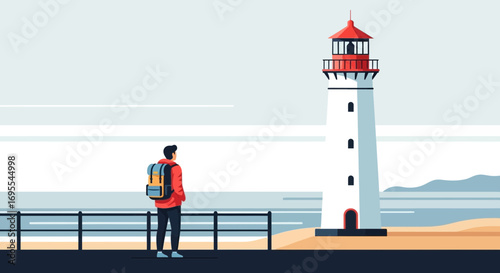 A traveler stands admiring a lighthouse at the seacoast on a sunny day