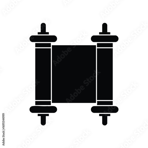 A black and white illustration of a Torah scroll, a religious text central to Judaism.
