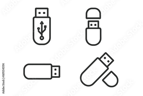 Set of USB stick icons in a minimalist line art style. Vector collection of flash drive pictograms. Memory stick symbols for data storage, computer, and tech projects.