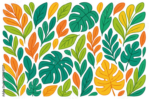 Vibrant tropical foliage pattern with lush green, orange, and yellow leaves in various shapes, contemporary vector cartoon illustration, seamless botanical design