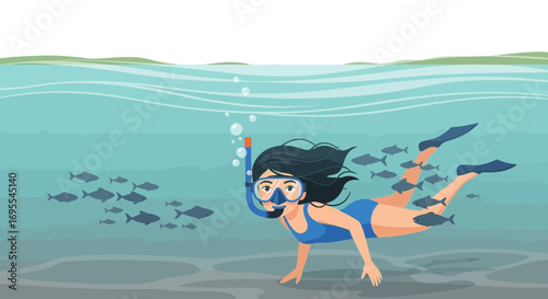 A vibrant illustration of a woman snorkeling underwater amid playful fish and bubbles