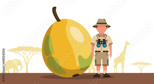 Safari Explorer With Giant Pear, Binoculars Next to Giraffe and Silhouette Landscape Illustration