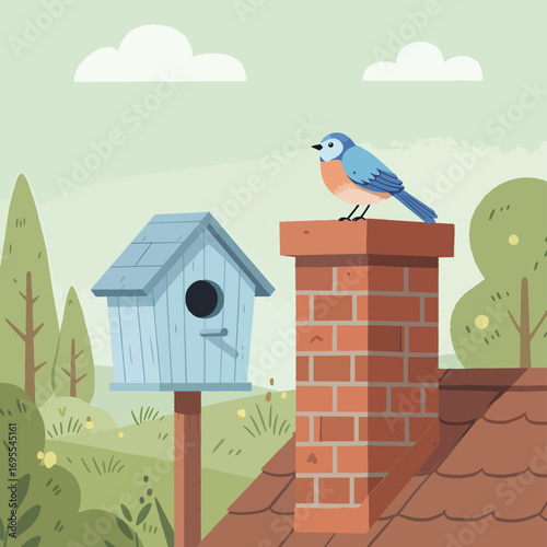 Charming watercolor illustration of a bird on a brick chimney next to a cozy birdhouse, evoking a serene, nature-filled atmosphere. Flat design vector art.