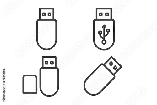 USB flash drive linear icon set. Minimalist pen drive & memory stick line art. Data storage, transfer symbol collection. Tech hardware & gadget vector for web and UI design.