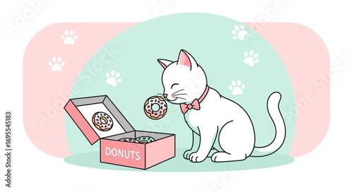 A Whimsical Domestic Cat Smelling a Donut From a Box, Adorable Illustration