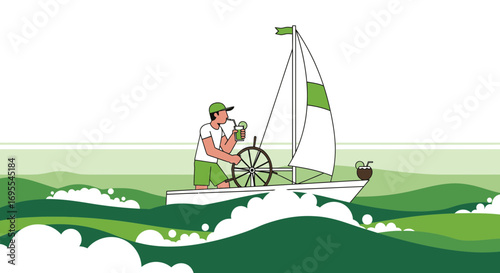 Sailboat Adventure: Person On The Water Waves Enjoying His Refreshing Drink At High Seas