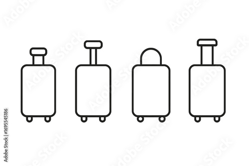 Travel luggage icon set. Minimalist outline vector symbols of suitcases and baggage. Collection of linear travel bags with wheels and different handles for tourism design.