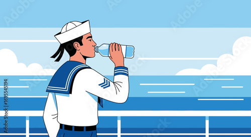 Sailor Drinking Water While Observing The Horizon During A Calm Oceanic Voyage