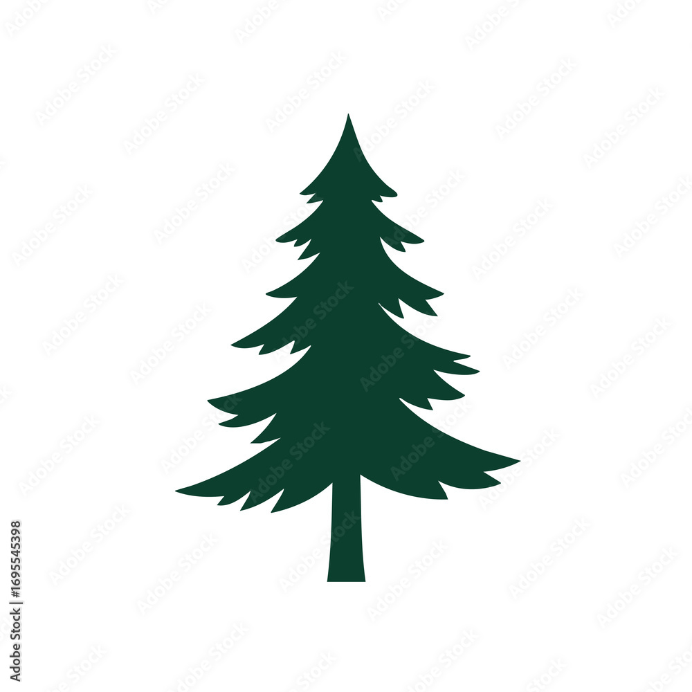Obraz premium A simple, dark green silhouette of a coniferous evergreen tree, likely a pine or fir, against a plain white background.
