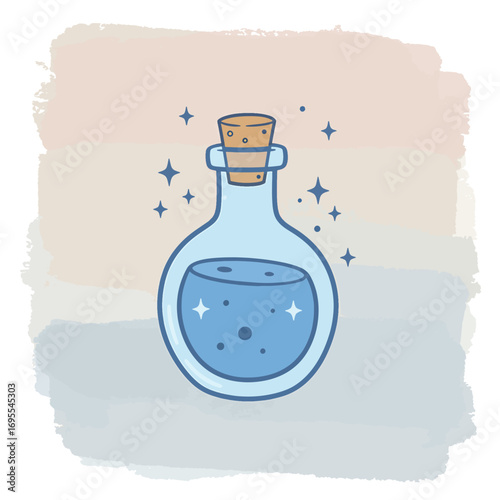 Charming watercolor illustration of a blue potion bottle with a cork stopper on a soft, painterly background, perfect for creative projects.