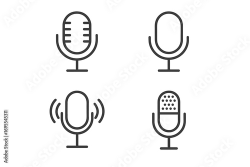 Microphone icons set for podcast and broadcast design. Minimalist line art vector illustration. Audio recording symbols for radio, voice, interview, studio, and web. Mic.