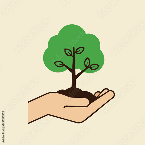 A hand gently cradles a small, growing tree.