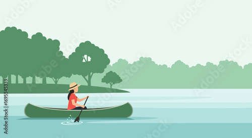 A woman canoeing in a lake with trees and a hat vector illustration