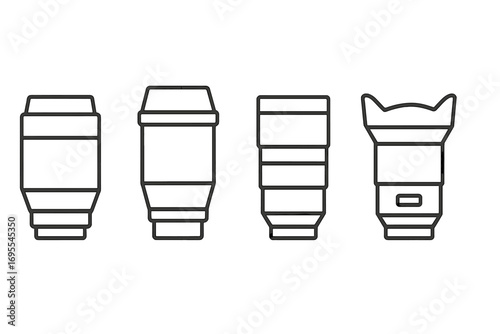 Camera lens line icon set. Vector collection of photography equipment symbols. Minimalist outline pictograms of zoom, prime, telephoto lenses. Linear graphic design elements.