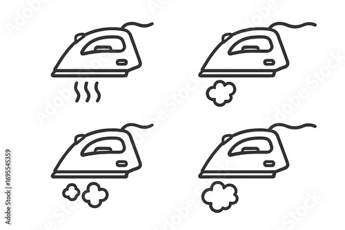 Minimalist outline iron icon set with different steam and heat options. Vector illustration for laundry service, household appliance, and ironing concepts. Linear style.
