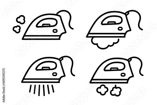 Household iron icon set with steam variations. Minimalist outline collection for laundry and pressing clothes. Vector linear style illustration of electric home appliance.