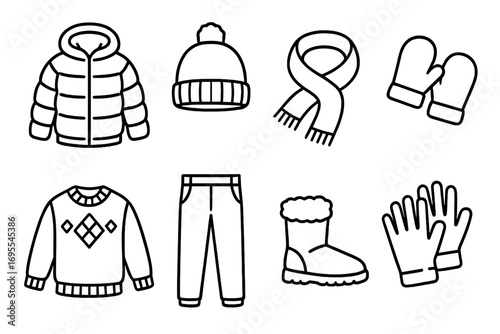 Winter clothing essentials icon set in simple linear style for cold weather, vector cartoon illustration with transparent background, warm apparel collection, cold season outfit icons