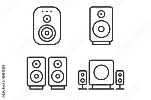 Speaker line icon set. Audio equipment for sound system, music, and home entertainment. Vector collection of loudspeaker, stereo, subwoofer, and woofer illustrations.