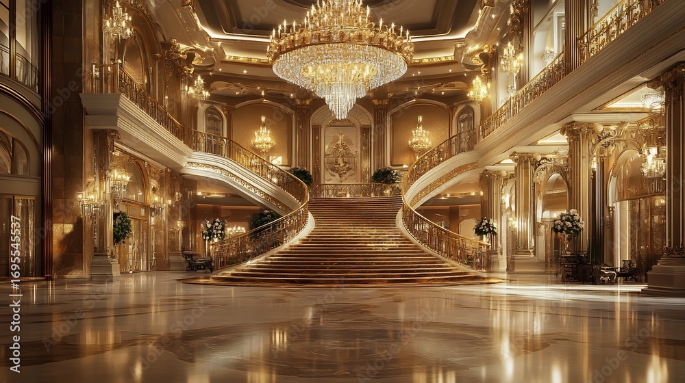 Obraz premium Grand Palace Interior: Opulent Gold Staircase and Chandelier
