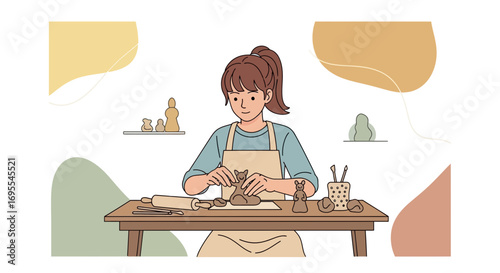 A woman is sculpting pottery, a creative activity, crafting with clay on the table