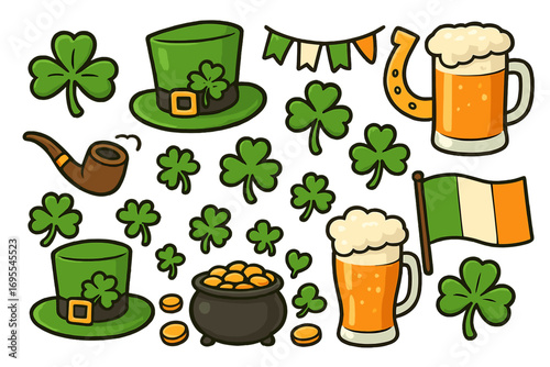 St. Patrick's Day symbols vector cartoon illustration including green shamrocks, leprechaun hats, beer pints, pot of gold, Irish flag, horseshoe, pipe, and festive Irish culture elements