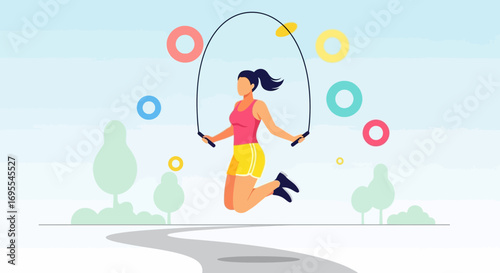 A woman is jumping rope for fitness and exercise outdoors in a park vector illustration