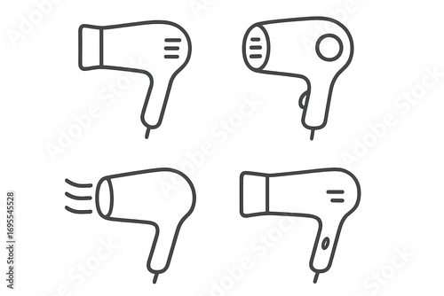 Hair dryer line icon set. Minimalistic blow dryer symbols for beauty, fashion design. Hairdressing salon equipment, simple outline pictogram. Vector illustration collection.