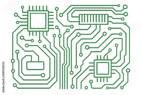 Circuit board technology background. Green PCB print design. Abstract motherboard illustration. Computer hardware, processor, microchip. Digital data, tech, science vector.