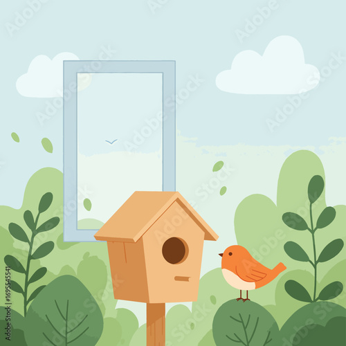 A charming watercolor illustration of a small orange bird by a window, perched next to a wooden birdhouse, surrounded by lush greenery.