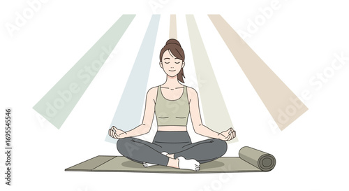 A woman meditating in lotus position, radiating light, practicing yoga and mindfulness