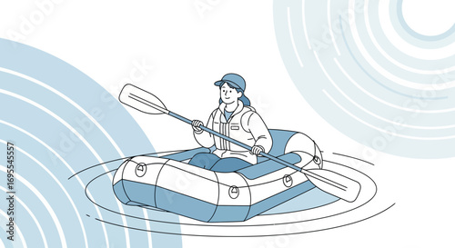 A woman paddles a boat on the water enjoying her free time outdoor activity