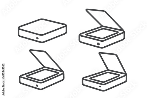 Scanner icon set in minimalist line art style. Vector illustration of office equipment for scanning documents. Open and closed flatbed scanner for digitizing paper. Copier device symbol collection.