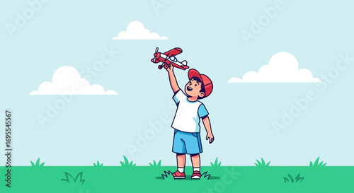 A joyous child playing with a toy airplane dreams of flying on a sunny day