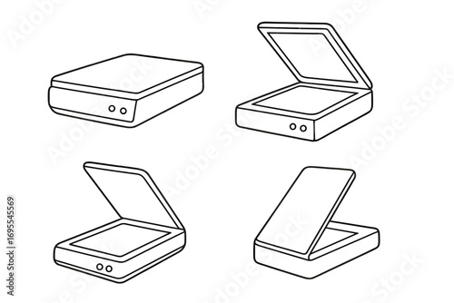 Scanner line art set. Office equipment for scanning documents. Flatbed copier vector illustration. Minimalistic icons in various positions, open and closed. Technology.