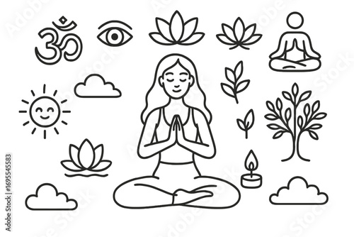 Yoga meditation line art icon set. Woman in lotus pose, om symbol, lotus flower, tree of life. Mindfulness, balance and serenity concept. Spiritual esoteric vector elements.