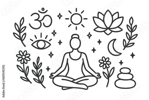 Yoga meditation line art icon set. Spiritual symbols for serenity and balance concept. Peaceful lotus, om, sun, moon, and nature elements. Vector for mindfulness and wellness.
