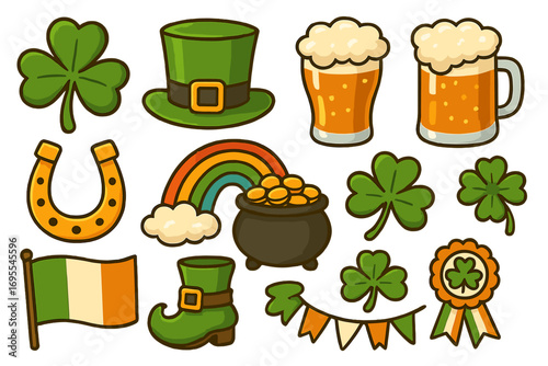 St. Patrick's Day festive symbols including shamrocks, leprechaun hats, beer pints, horseshoe, rainbow pot of gold, Irish flag, and celebration decorations vector cartoon illustration