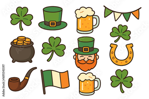 St. Patrick's Day Symbols Vector Set Including Shamrocks, Leprechaun Hats, Beer Pints, Gold Pot, Irish Flag, Horseshoe, and Festive Items Celebrating Irish Culture and Traditions in Cartoon Style