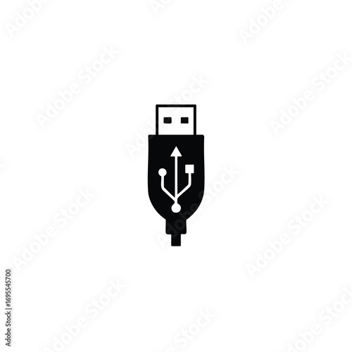 Black silhouette icon of a USB connector with the universal serial bus symbol, isolated on a white background.
