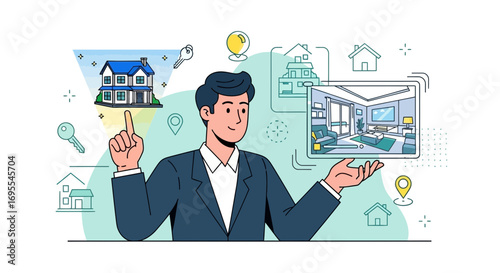 Real Estate Agent Showcasing Home Options and Interior Design Illustrations for Clients To Consider