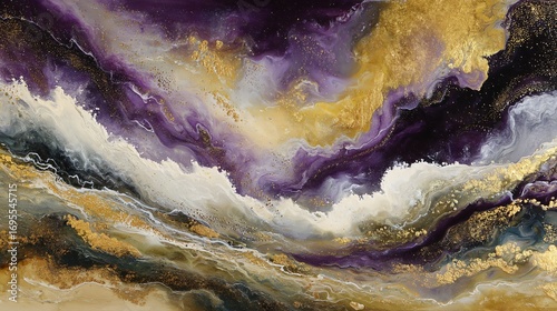Abstract acrylic painting with swirling purple, gold, and white creating a dynamic and fluid motion