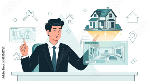 Real Estate Agent Showcasing Properties Using Virtual Reality Technology With a House