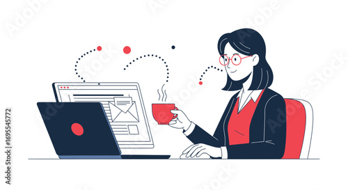 Relaxed Professional Woman Taking Coffee Break While Checking Email on a Laptop