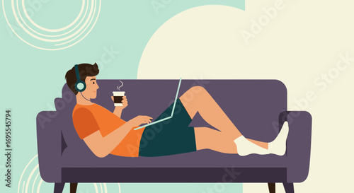 Relaxing at Home: Man With Laptop, Coffee, and Headphones Enjoying Peaceful Leisure