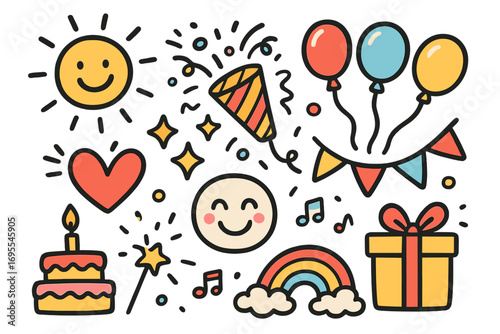 Cute doodle art set for celebration. Joyful cartoon elements of happiness, birthday party. Vector collection with kawaii sun, cake, gift, balloon, rainbow and smiley face.