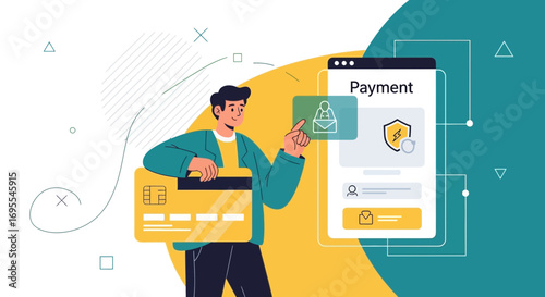 Secure Payment Solutions Illustration Featuring Mobile App And Credit Card Transactions